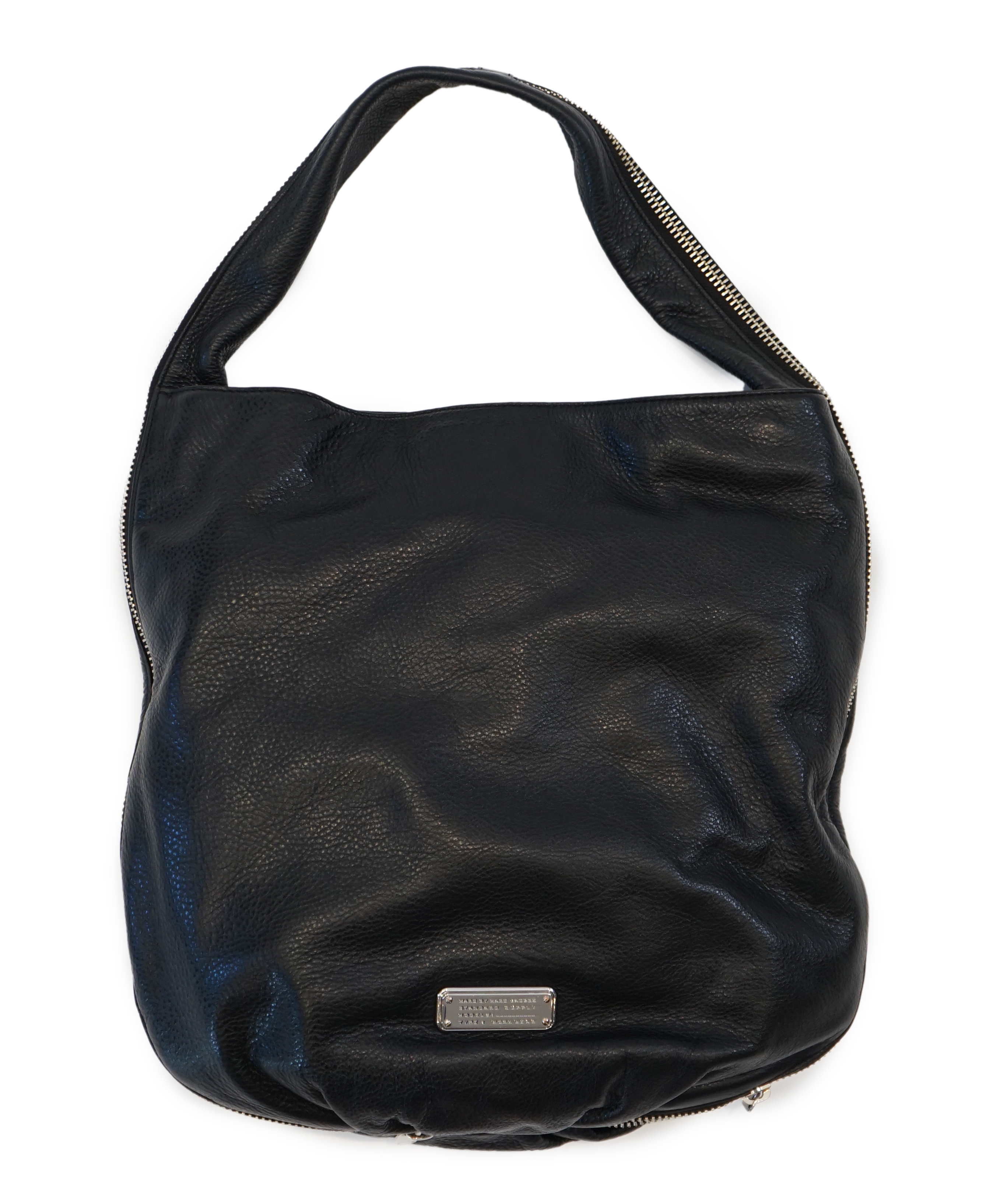 A Marc Jacobs black leather boho with silver zip detail, width 40cm, depth 15cm, height 35cm